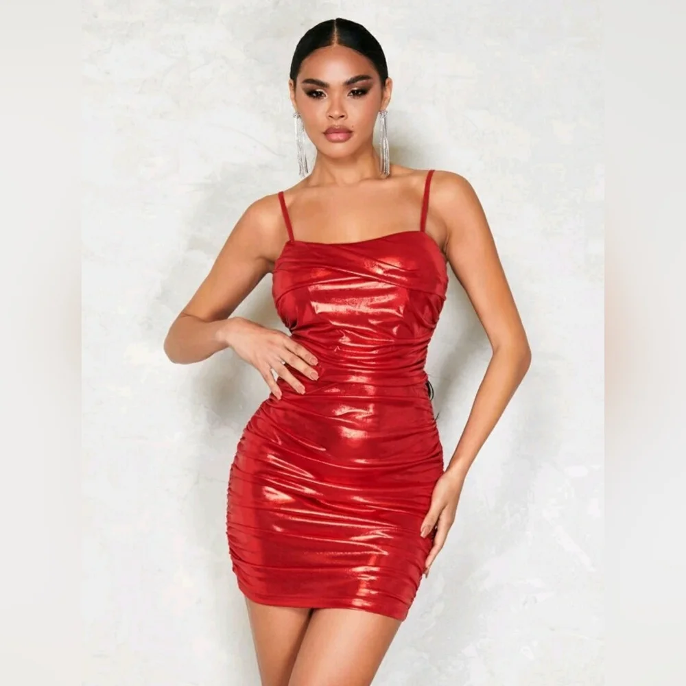 Metallic Red Ruched Mini-Dress - Picture 1 of 4